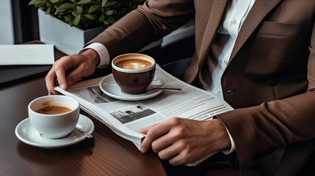 cropped view of businessman reading newspaper and holding cup of coffee in cafeの素材