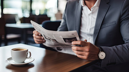 Cropped image of businessman reading newspaper while sitting at table in cafeの素材