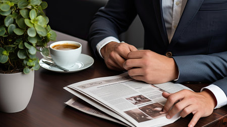 Businessman drinking coffee and reading newspaper in a cafe. Close up of male hands holding cup of coffee.の素材