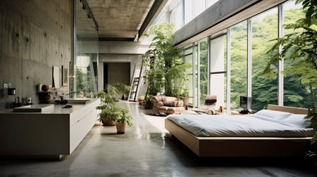 Modern loft style bedroom interior design with wooden bed and green plants.の素材