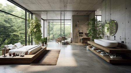 Interior of modern bathroom with concrete floor, panoramic window, comfortable bathtub and wooden bathtub. 3d renderingの素材