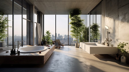 3d rendering of modern bathroom with panoramic window and city viewの素材