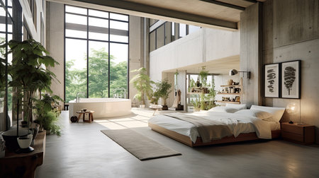 interior of modern luxury bedroom 3d rendering image.There are wooden floor and big window with countryside viewの素材