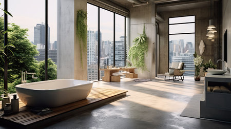 Interior of modern bathroom with wooden walls, concrete floor, comfortable white bathtub and panoramic window with city view. 3d renderingの素材