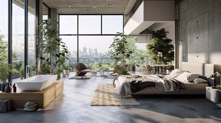 Modern bedroom interior design 3d rendering image.There are wooden floor and white walls, concrete floor and big window with city view.の素材