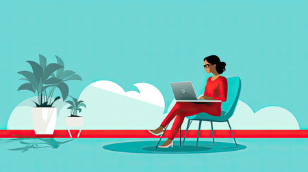 Vector illustration of a businesswoman working on a laptop at the officeの素材