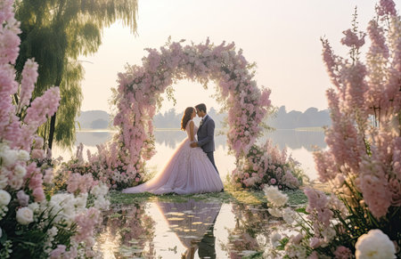 Wedding ceremony on the bank of the lake. The bride and groom are standing near the arch.の素材