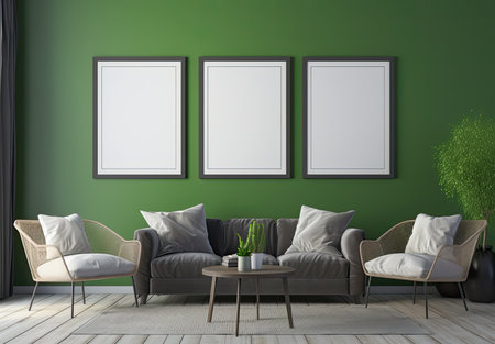interior with three empty frames on the wall, 3d renderの素材