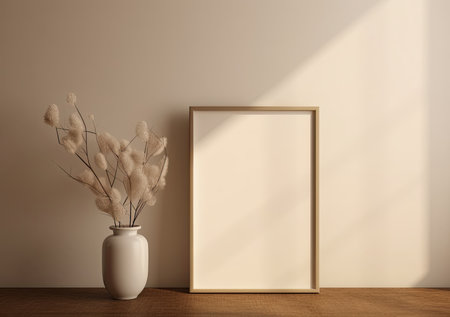 Mock up poster frame in interior background, 3D render illustrationの素材