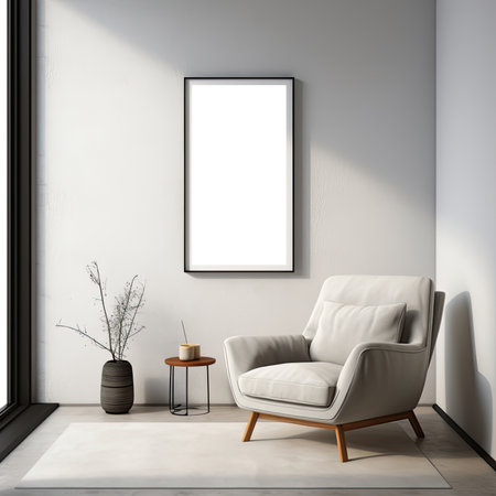 Interior of modern living room with white walls, concrete floor, comfortable white armchair and vertical mock up poster frame. 3d renderingの素材