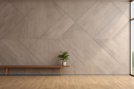 Interior of modern living room with wooden bench and concrete wall. 3d renderの素材