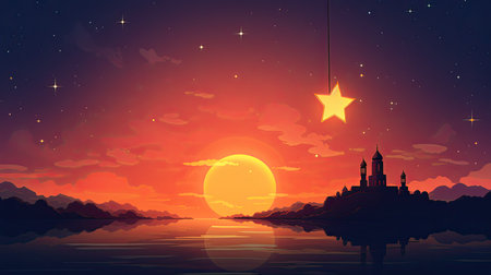 Ramadan Kareem background with mosque and sunset. Vector illustration.の素材