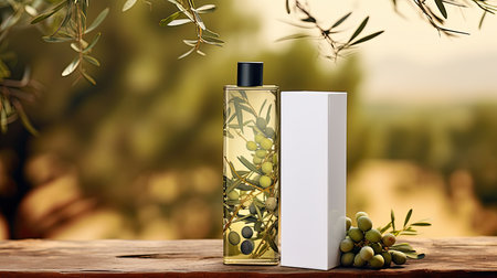 Olive oil bottle with olives on wooden table. 3d renderingの素材