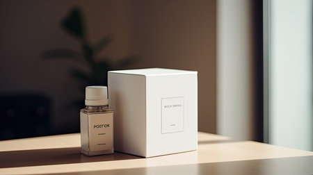 Luxury perfume bottle on table in modern office. Mock upの素材