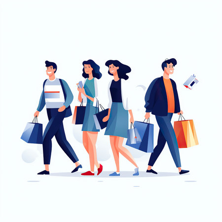 Shopping people. Vector illustration in flat style. Men and women with shopping bags.の素材