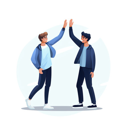 Two young men in casual clothes give high five. Vector illustration.の素材