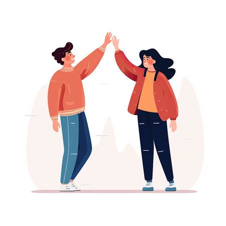 Couple of young people greeting each other with high five. Vector illustration.の素材