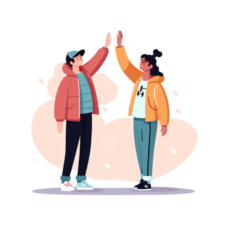 Male and female characters greeting each other with high five. Vector cartoon illustrationの素材