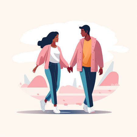 Couple in love walking in the park. Young man and woman holding hands. Vector illustrationの素材
