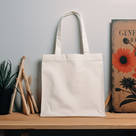 Eco bag mockup on wooden shelf and blue wall background.の素材