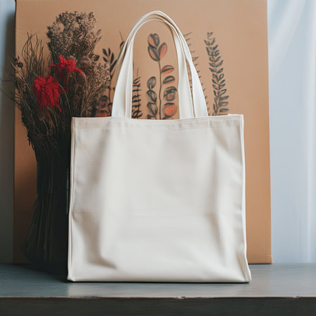 Eco bag mockup on wooden table with natural floral background.の素材