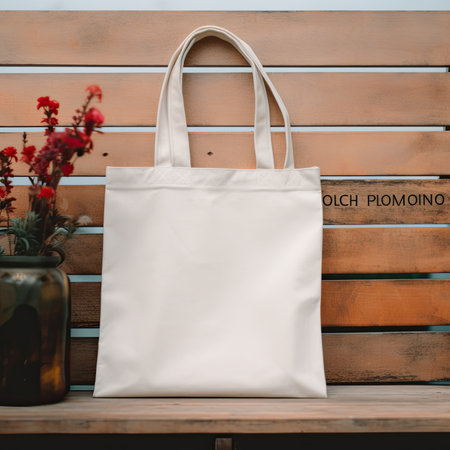 Eco bag mockup on wooden table. Blank canvas shopping bag.の素材