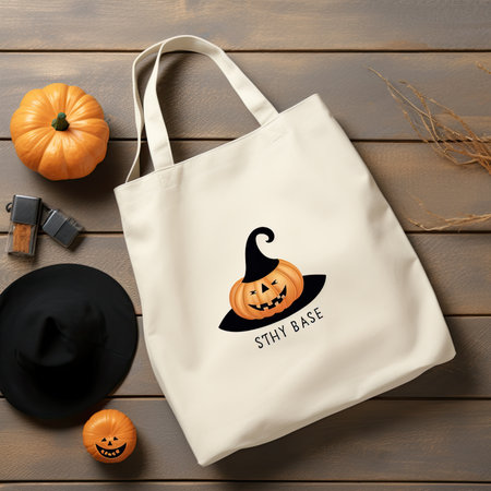 Halloween shopping bag on wooden background, top view. Mockup for designの素材