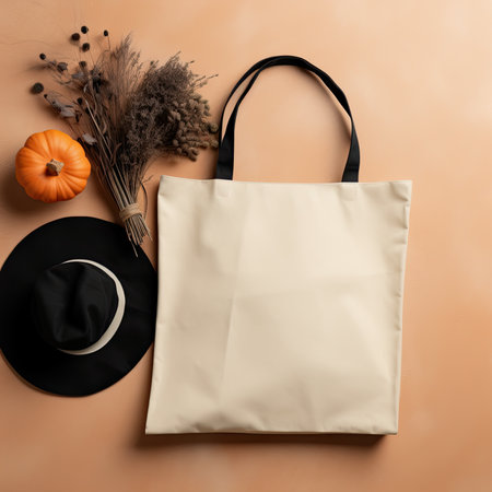 Flat lay composition with eco bag, hat and pumpkins on color backgroundの素材