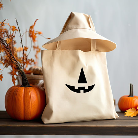 Halloween bag with pumpkins on wooden table on gray wall backgroundの素材