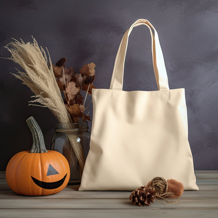 Halloween concept with pumpkins and shopping bag on wooden table.の素材