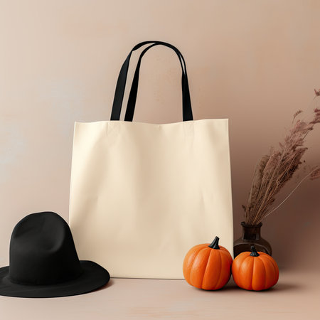 Paper shopping bag, black hat and pumpkins on beige backgroundの素材
