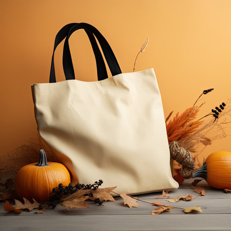 Stylish bag with autumn leaves and pumpkins on wooden table against orange backgroundの素材