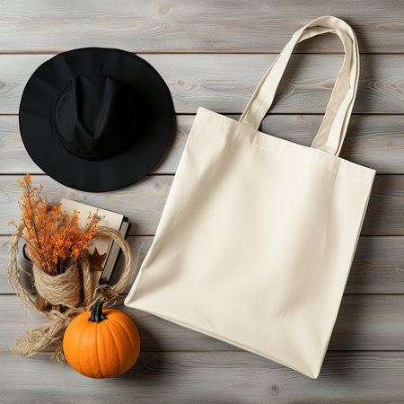 Eco bag, hat, sunglasses and pumpkins on wooden backgroundの素材