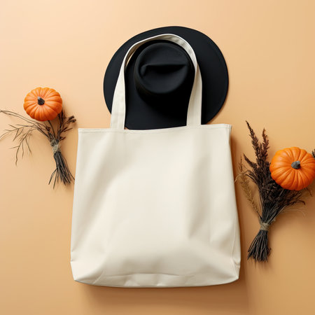 top view of white tote bag, black hat and pumpkins on orange backgroundの素材