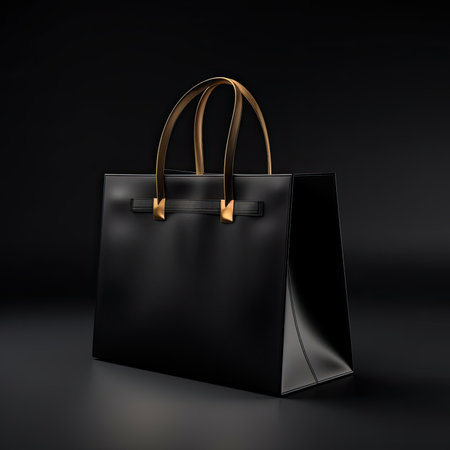 Black leather shopping bag on black background. 3d render illustration.の素材