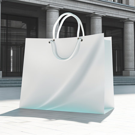 White paper shopping bag on the street. 3d rendering mock upの素材
