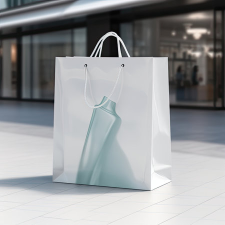 Shopping bags in modern shopping mall. 3d render illustration.の素材