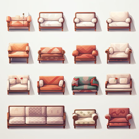 Sofa and armchair icons set in cartoon style isolated vector illustrationの素材