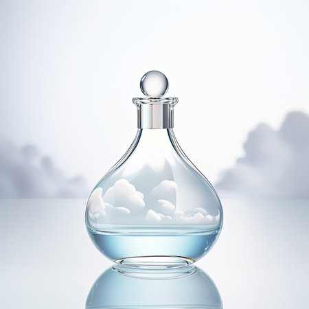 Transparent glass flask with liquid and clouds on the background. 3d renderingの素材