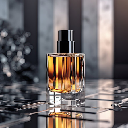 Bottle of perfume on a black background. 3d rendering.の素材