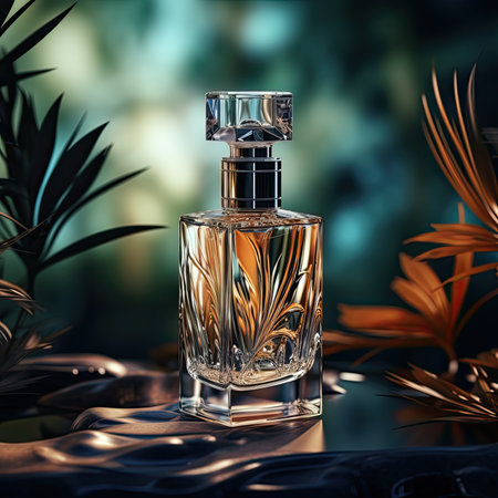 Perfume bottle on a dark background. 3d illustration.の素材
