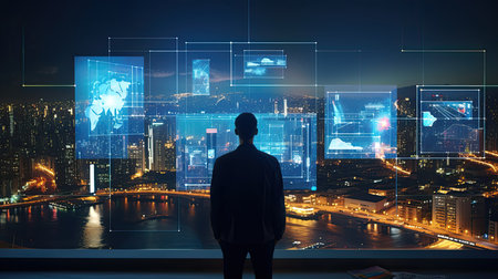 Back view of businessman looking at digital screen with cityscape at nightの素材