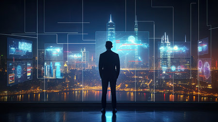 Silhouette of businessman looking at digital hologram on night city backgroundの素材