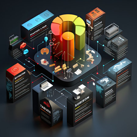 3d isometric business infographics with icons and charts on dark backgroundの素材