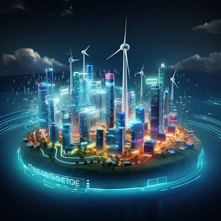 Eco city concept with wind turbines and buildings. 3d renderingの素材