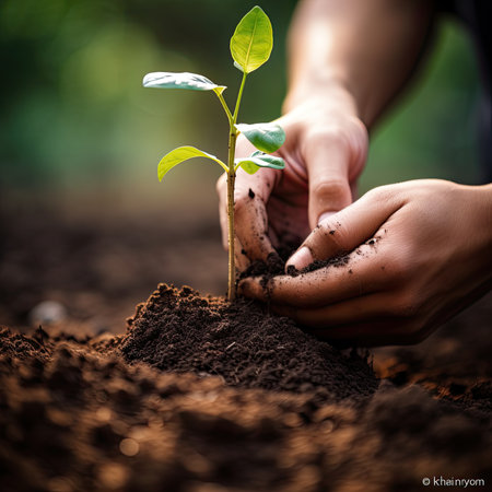 Human hand holding and caring young plant with soil background, Save world conceptの素材