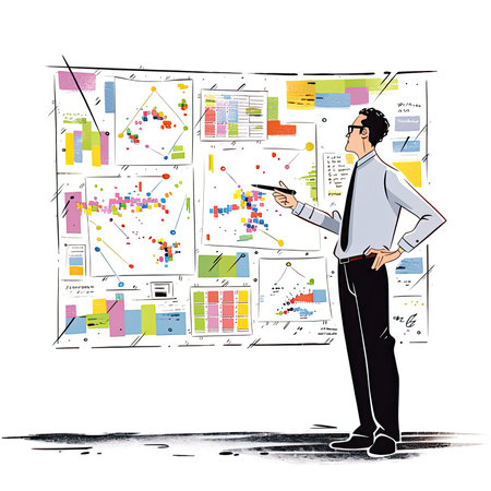 Vector illustration of a young businessman standing in front of a flowchart.の素材