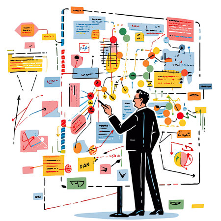 Vector illustration of a man in a business suit making a presentation.の素材
