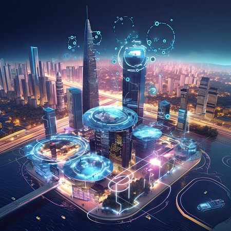 Smart city concept. Futuristic city at night. 3D renderingの素材