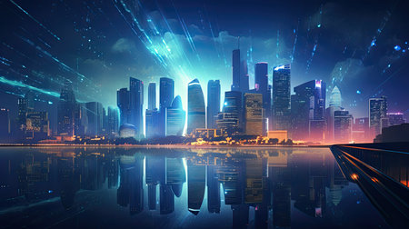 Modern city at night with lights and reflections on the water. Vector illustration.の素材